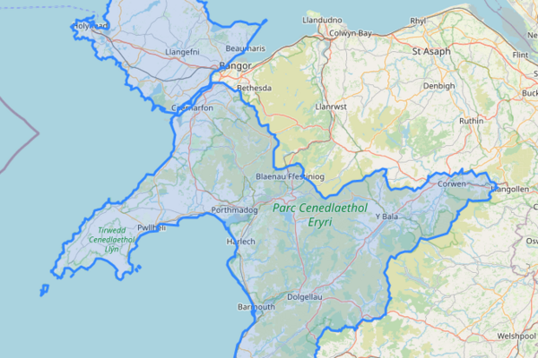 Map with the boundaries of Gwynedd and Môn
